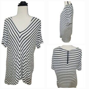 Mossimo Sz M V Striped Wht/Blk Vneck Cap Short Sleeve Zip Back Hi-Low Tee *defct